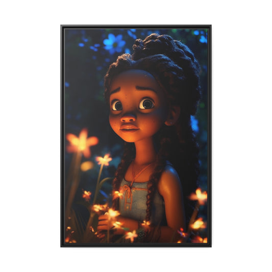 Beautful Black Child Art, Fairy Flower Glow Matte Canvas, Black Frame